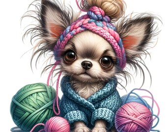 12 PNG Chihuahua Clipart, Knitting Dog Yarn Ball Crochet Puppy