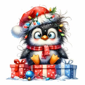 Pingouin mignon avec des lumières de Noël Clipart PNG, 12 adorables illustrations de vacances pour travaux manuels et décoration