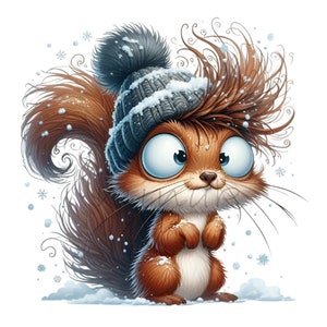 May include: A cartoon squirrel wearing a gray knitted beanie with a pom-pom on top. The squirrel has brown fur and a bushy tail. The background is white with snowflakes.
