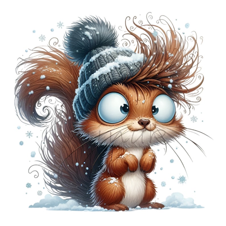 May include: A cartoon squirrel wearing a gray knitted beanie with a pom-pom on top. The squirrel has brown fur and a bushy tail. The background is white with snowflakes.