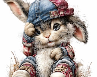 14 PNG Bunny Clipart, Retro Rabbit Wearing Hat, Street wear Animal Graphics