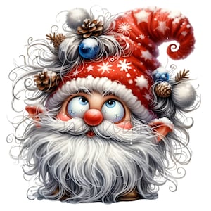 14 Clipart PNG de nain de Noël avec des flocons de neige, un chapeau rouge, des pommes de pin et des ornements pour une décoration de Noël, des cartes, de l'art par sublimation