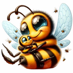 11 PNG Lindas abejas mamá y bebé PNG Clipart – Abejas de dibujos animados de ojos grandes abrazándose – Adorable familia de abejas Descarga digital