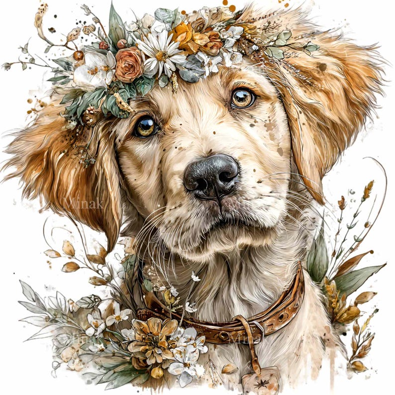 15 PNG Floral Puppy Clipart – Dog Illustration With Flower Crown, Baby ...
