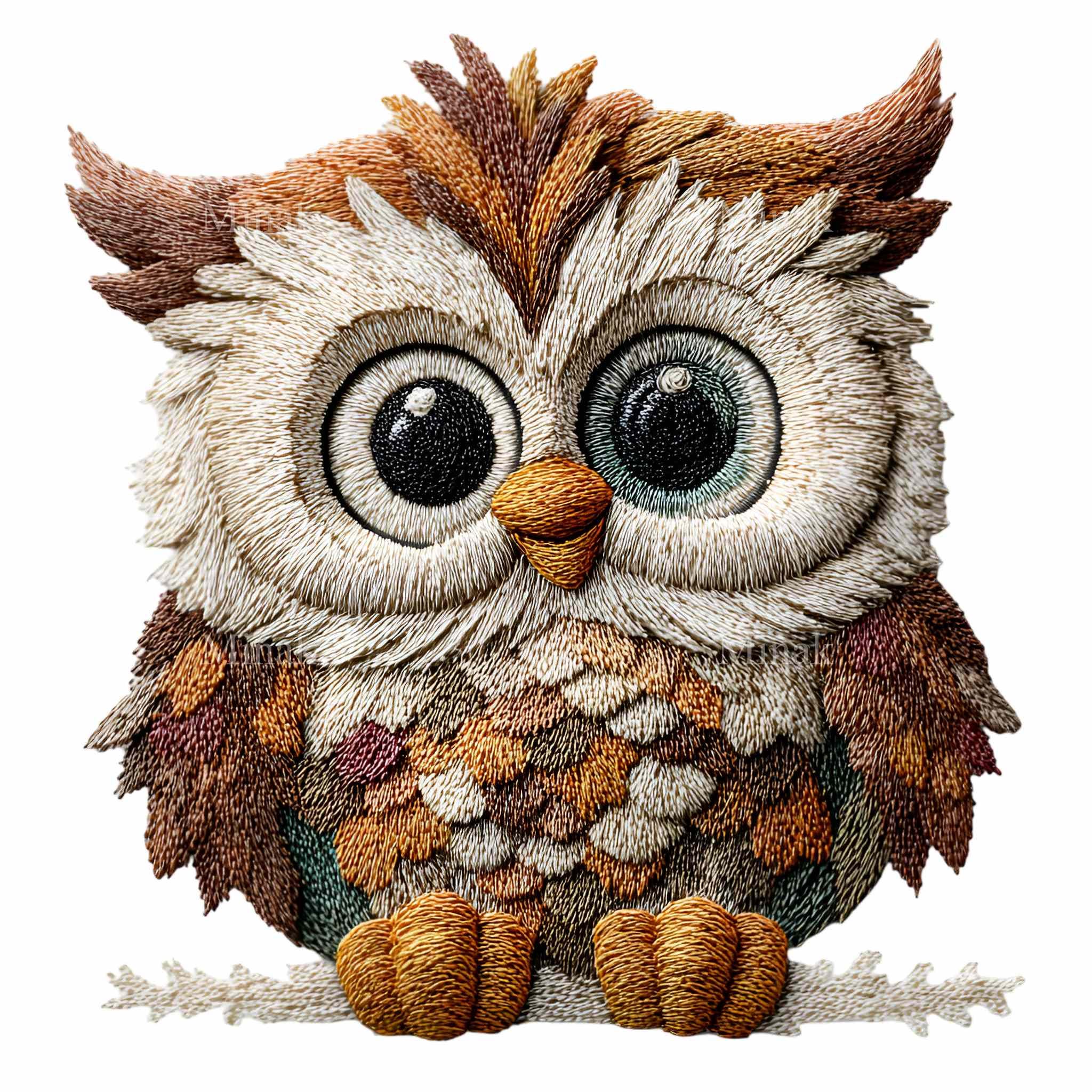 15 PNG Cute Owl Clipart – Faux Embroidery Yarn Art PNG – Woodland Owl for Crafts, Sticke