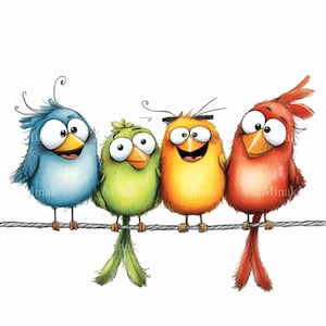 12 divertenti uccelli colorati PNG Clipart su corda - Illustrazione digitale di simpatici personaggi stravaganti per progetti creativi