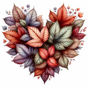 14 feuilles d'automne coeur PNG Clipart, illustration d'arrangement de feuillage d'automne, conception de nature rustique pour sublimation, travaux manuels et décoration