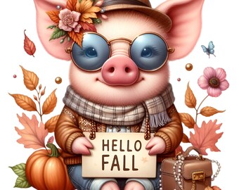 10 PNG Hello Fall Piglet Autumn Clipart, Pumpkin Scarf Glasses