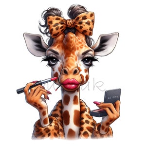 15 PNG Fashion Makeup Giraffe Clipart – Glam Animal PNG – Funny Beauty Salon Sublimation for Shirts, Cards, Wall Art