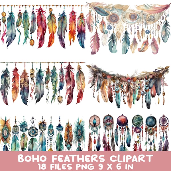 Boho Feathers Clipart Bundles, 18 PNG Watercolor Beaded Plumes Garland Tassel Clip Art Sublimation for Tumbler and Printable Crafts