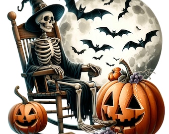 12 Skeleton Rocking Chair Png Clipart, Decor Moon Witch Hat Pumpkin Bats Retro
