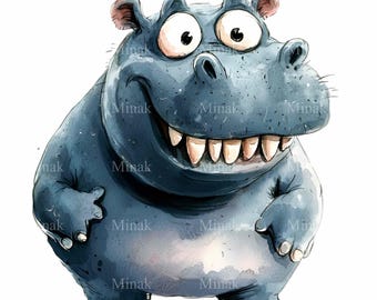 20 PNG Funny Hippo Clipart, Watercolor Blue Hippopotamus, Whimsical Animal Art