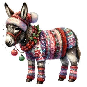 Clipart festivo dell'asino di Natale - 12 adorabili asinelli con maglione natalizio e cappello da Babbo Natale con agrifoglio - PNG ad alta risoluzione