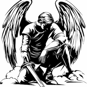 4 SVG knielende engelkrijger – zwaard en vleugels gesneden SVG-bestand – krachtig ontwerp voor herdenkingsshirts, stickers en spirituele kunstwerken