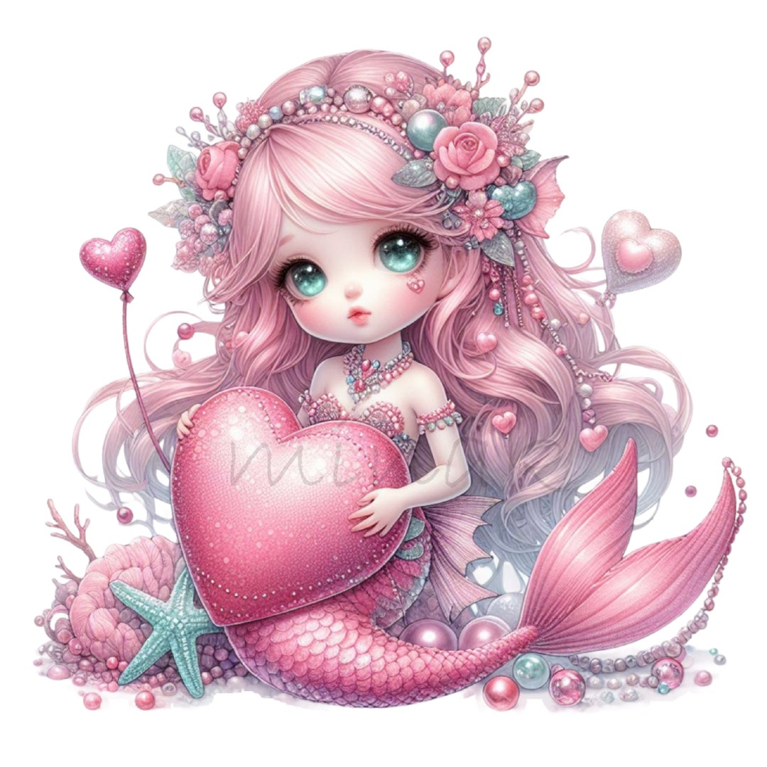 Mermaid Clipart, Heart Clip Art, 12 PNG Watercolor Valentine's Day ...