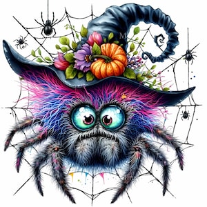 May include: A black spider wearing a witch's hat with a pumpkin and flowers on top. The spider has blue and pink fur and large green eyes. The spider is sitting on a web with other spiders in the background.