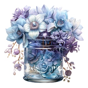 10 Blue Floral Jar PNG Clipart – Elegant Bouquet of Blue & Purple Flowers in Glass Mason Jar, Watercolor Style for Sublimation and Decor