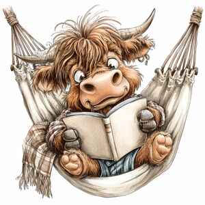 K&ouml;nnte beinhalten: Eine Illustration einer Highland-Kuh, die in einer H&auml;ngematte ein Buch liest. Die Kuh hat braunes Fell, gro&szlig;e H&ouml;rner und tr&auml;gt ein kariertes Hemd und blaue Shorts. Eine karierte Decke ist &uuml;ber der H&auml;ngematte drapiert.