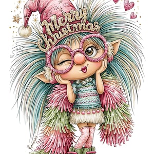 Puede incluir: Una ilustración de dibujos animados de un elfo que guiña un ojo con cabello verde azulado, usando un gorro rosa con el texto Merry Christmas, gafas rosas brillantes, una camisa estampada, un chal con flecos rosas y verdes y botas verdes.