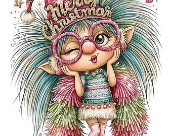 15 PNG Winking Christmas Elf, Pink Glasses Holiday Fairy Design