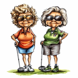 11 grappige senior dames golfen clipart, digitale download png, humoristische cartoonillustratie