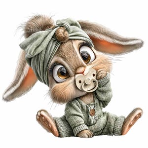 May include: A digitally rendered image of a baby bunny wearing a sage green outfit and a matching headband. The bunny has large, expressive eyes and is holding a pacifier. The overall style is soft and whimsical, suitable for nursery decor or children's products.