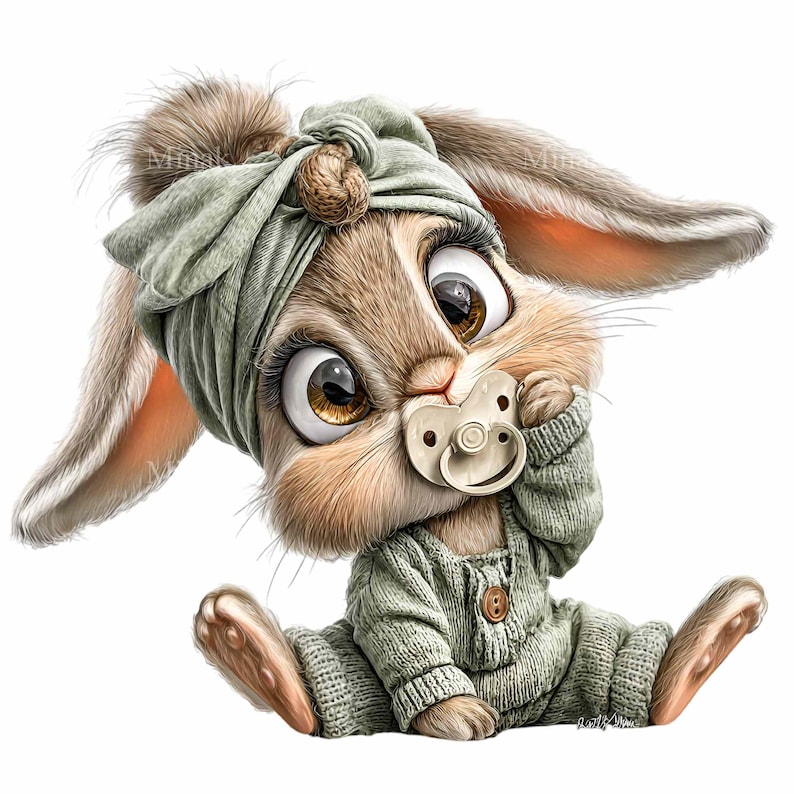 May include: A digitally rendered image of a baby bunny wearing a sage green outfit and a matching headband. The bunny has large, expressive eyes and is holding a pacifier. The overall style is soft and whimsical, suitable for nursery decor or children's products.