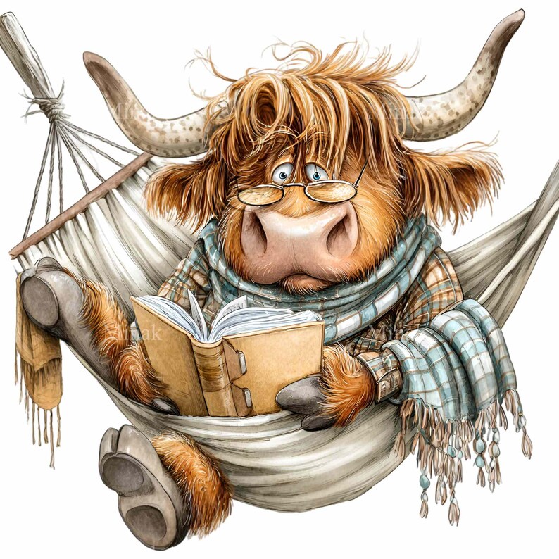 K&ouml;nnte beinhalten: Eine Illustration einer Highland-Kuh, die in einer H&auml;ngematte liest. Die Kuh tr&auml;gt eine Brille, ein kariertes Hemd und einen blau-wei&szlig; karierten Schal. Das Buch hat einen braunen Einband und die H&auml;ngematte ist wei&szlig;.
