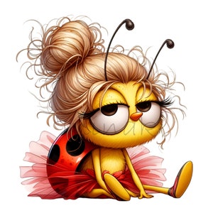 15 PNG clipart di coccinella stanca – Insetto divertente PNG per arte impertinente – Insetto dei cartoni animati scontroso con panino disordinato per magliette, tazze o stampe murali
