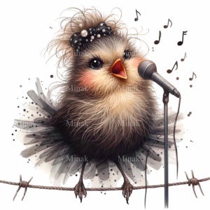 12 clipart PNG mignon oiseau chanteur, adorable oiseau chanteur en tutu noir avec microphone, art musical oiseau lunatique