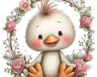 15 PNG Floral Baby Duckling Clipart, Rose Wreath Farmhouse Bird