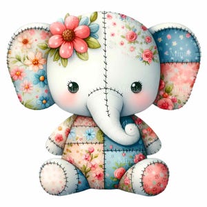 12 PNG Floral Patchwork Elephant Clipart, Watercolor Quilted Baby Animal Nursery