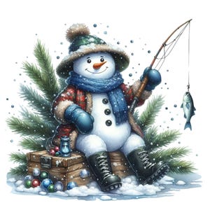 15 Images clipart bonhomme de neige de pêche PNG - PNG d'hiver - Personnage de vacances amusant pour cartes de Noël, sublimation et travaux manuels sur le thème de l'extérieur