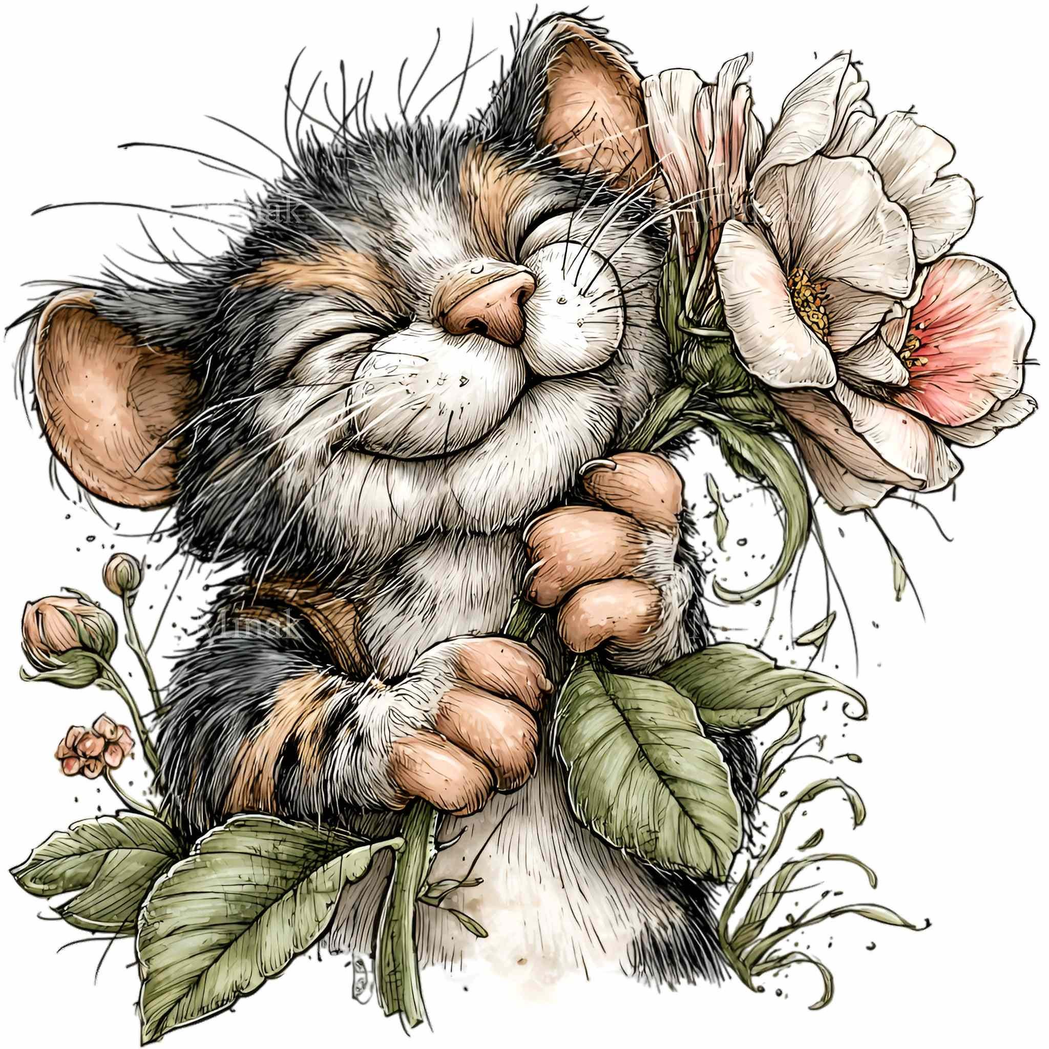12 PNG Floral Cat Clipart - Cute Kitten With Flowers Digital Download ...