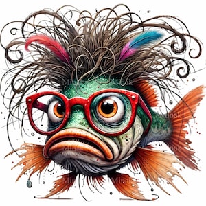 11 Funny Fish PNG Clipart, Quirky Fish with Messy Hair and Glasses, Whimsical Digital Illustration, Unique Art Download