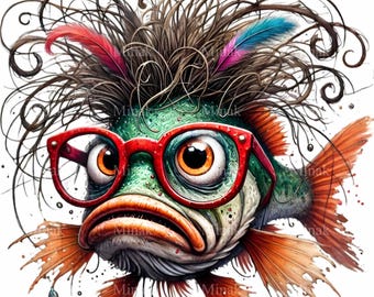 11 Funny Fish PNG Clipart, Quirky Fish with Messy Hair and Glasses, Whimsical Digital Illustration, Unique Art Download