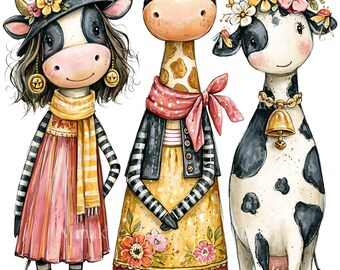 10 PNG Cow Giraffe Clipart, Floral Animal Sublimation Design