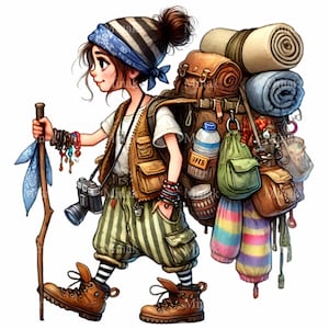 14 Girl Backpacker PNG Clipart, Cute Hiking Woman with Camera & Gear, Adventure Travel Illustration Digital Download