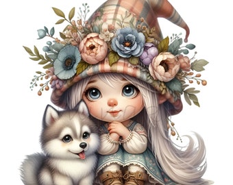 12 PNG Cute Gnome Girl with Puppy Clipart, Floral Hat Husky Dog, Kawaii Fantasy Digital Download