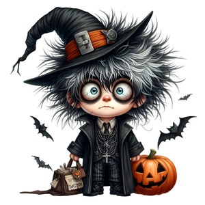 15 Imágenes PNG de un niño brujo espeluznante - Niño gótico con calabaza y bolsa - Descarga digital para manualidades de Halloween