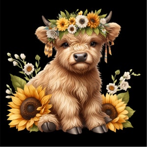 May include: A brown and white Highland cow calf wearing a flower crown with yellow, white, and orange flowers. The calf is sitting on a black background with sunflowers on either side.