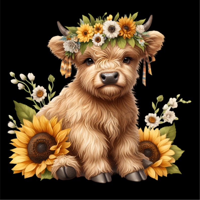 May include: A brown and white Highland cow calf wearing a flower crown with yellow, white, and orange flowers. The calf is sitting on a black background with sunflowers on either side.