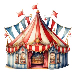 Clipart Circus Tent PNG, 10 akwarelowych ilustracji na imprezę w stylu vintage z motywem cyrku, clipart do tworzenia kartek dla dzieci, do wydrukowania