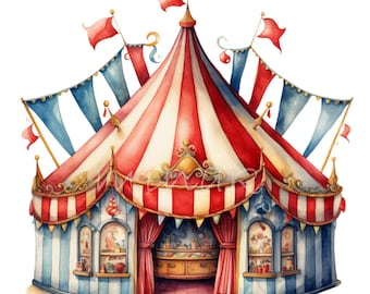 10 PNG Watercolor circus tent clipart – Vintage carnival art for birthday