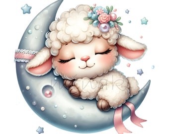 10 PNG Sleeping Lamb on Moon, Watercolor Sheep Clipart Night Sky Nursery