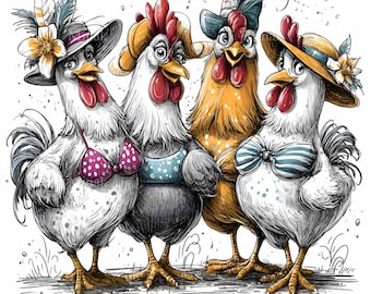 15 clipart PNG di galline estive, costume da bagno e cappello da spiaggia