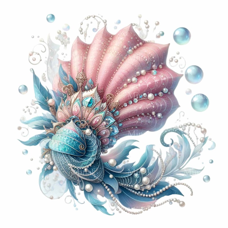 May include: A whimsical illustration of a seashell with a crown and pearl accents. The shell is pink and blue with intricate details. The background is white with small blue bubbles.