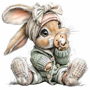 May include: A digitally rendered image of a baby bunny wearing a light green sweater, matching pants, and sneakers. The bunny has a pacifier, a bow, and a headband. The bunny is sitting down.