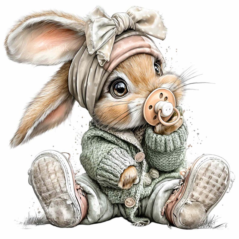 May include: A digitally rendered image of a baby bunny wearing a light green sweater, matching pants, and sneakers. The bunny has a pacifier, a bow, and a headband. The bunny is sitting down.