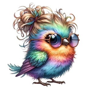 10 PNG de lindos pájaros arcoíris, plumas de colores, moño desordenado, gafas, dibujos animados kawaii PNG de pájaros para sublimación, decoración de fiestas
